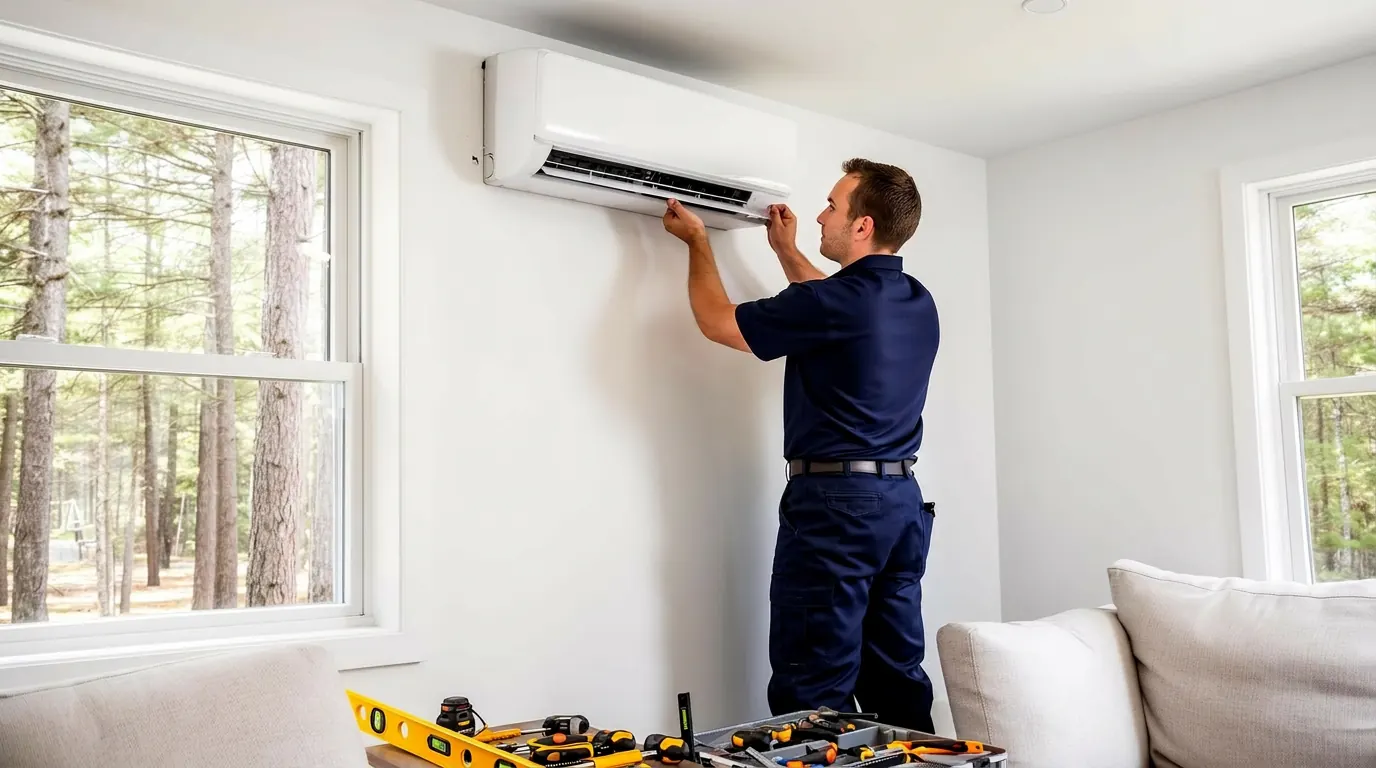 Professional HVAC technician installing a ductless mini-split heat pump indoor head in a Central Maine home near Bangor
