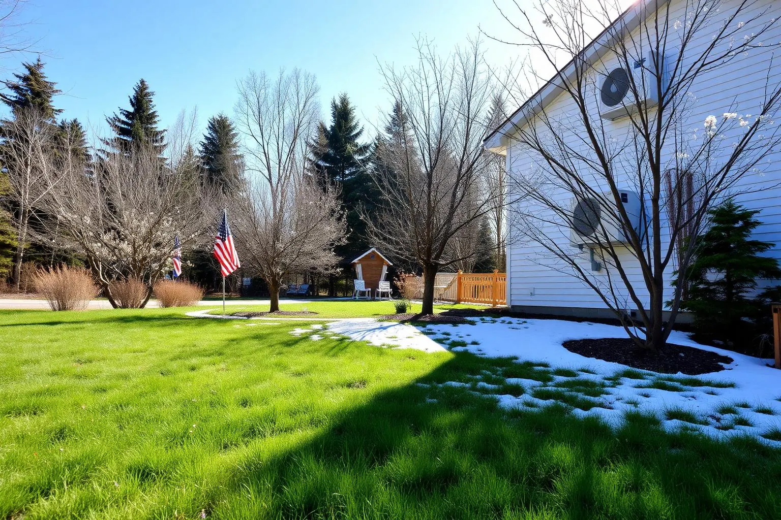 Ductless heat pump on a Northern Maine home in spring with green grass, budding trees, and melting snow — ready for cooling season